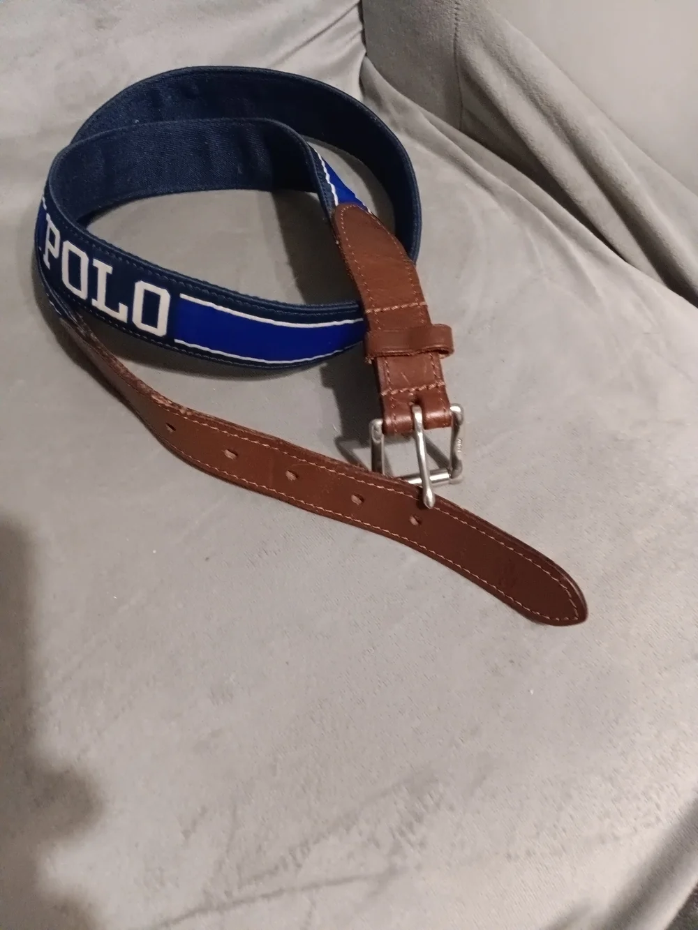Polo Ralph Lauren Blue Fabric Logo Belt with Brown Leather Trim Size 40/42 Waist
